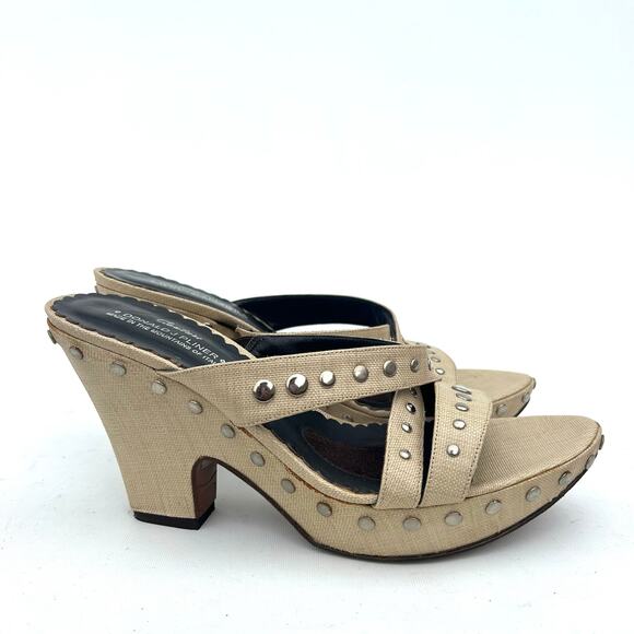 Donald J Pliner Studded Beige Chunky Mules Heels Strappy Size 9 Y2K 2000s - Picture 1 of 10